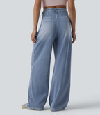 Asymmetric High Waisted Wide Leg Washed Casual Jeans with Pockets — Powder Blue Denim — view 2