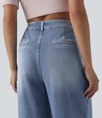 Asymmetric High Waisted Wide Leg Washed Casual Jeans with Pockets — Powder Blue Denim — view 4