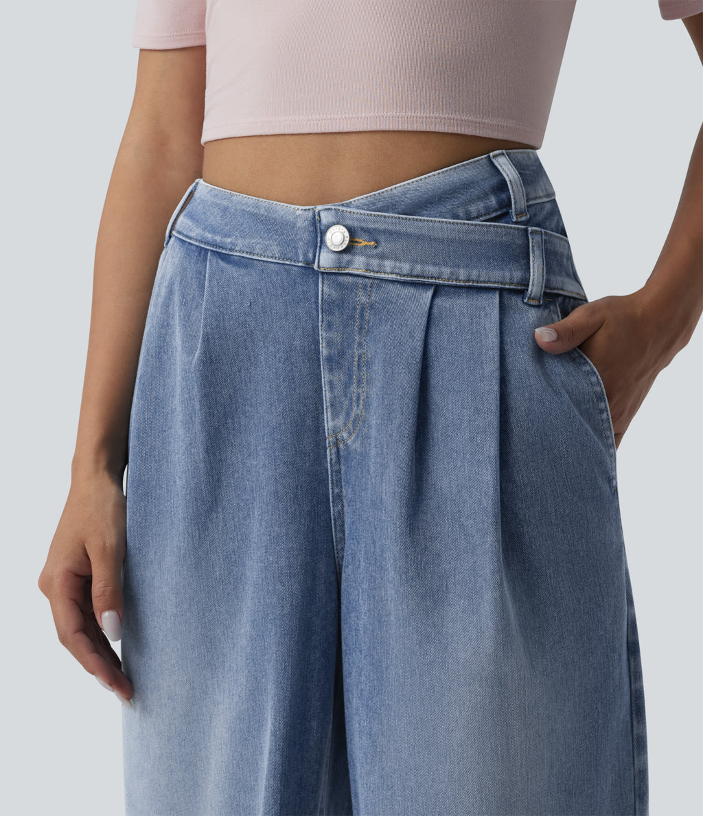 Asymmetric High Waisted Wide Leg Washed Casual Jeans with Pockets — Powder Blue Denim — view 5