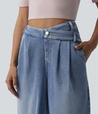Asymmetric High Waisted Wide Leg Washed Casual Jeans with Pockets — Powder Blue Denim — view 5