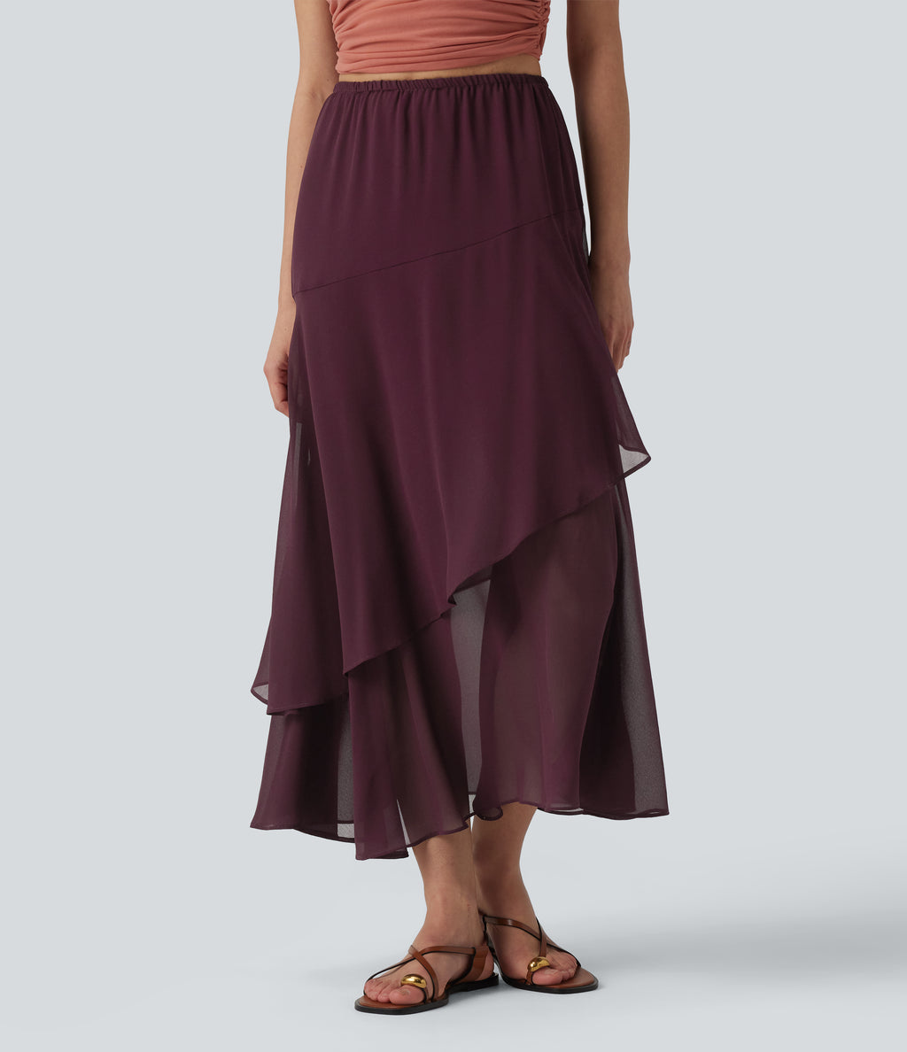 High Waisted Ruffle Layered Midi Casual Skirt — Sandalwood Grape Purple — view 3