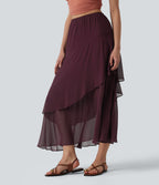 High Waisted Ruffle Layered Midi Casual Skirt — Sandalwood Grape Purple — view 4