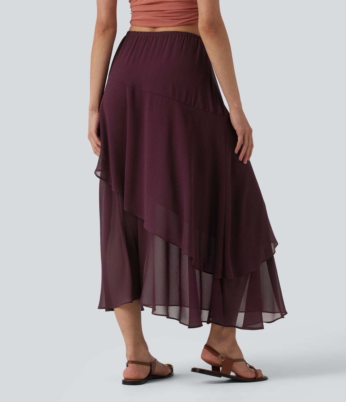 High Waisted Ruffle Layered Midi Casual Skirt — Sandalwood Grape Purple — view 2