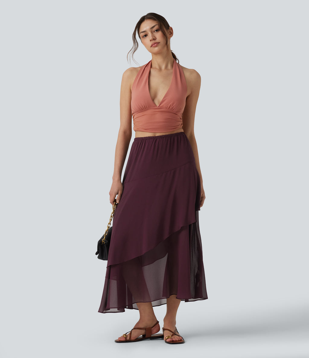 High Waisted Ruffle Layered Midi Casual Skirt — Sandalwood Grape Purple — view 5