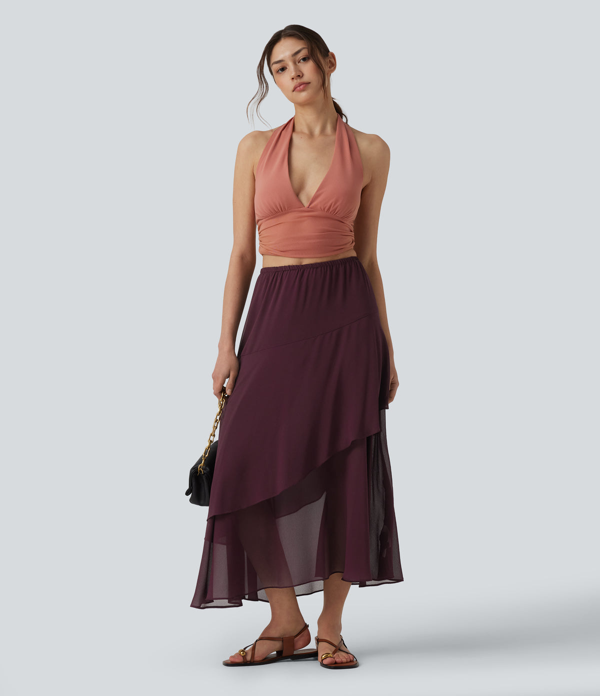 High Waisted Ruffle Layered Midi Casual Skirt — Sandalwood Grape Purple — view 5