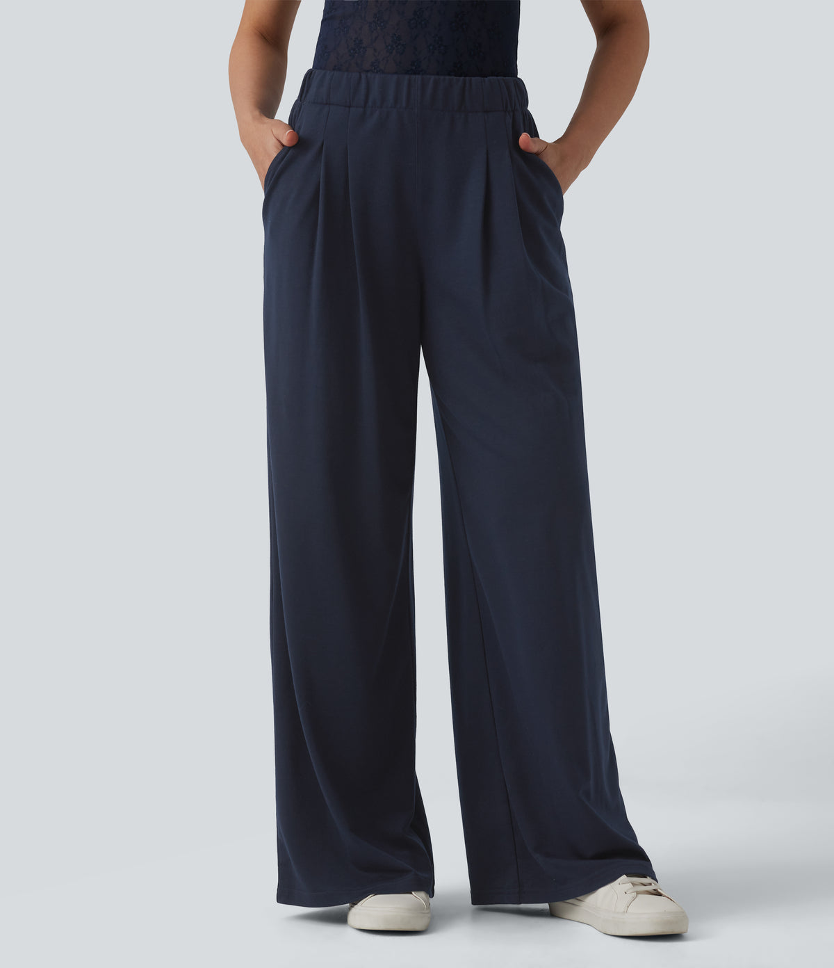 Mid Rise Wide Leg Casual Sweatpants with Pockets — Black Iris — view 1