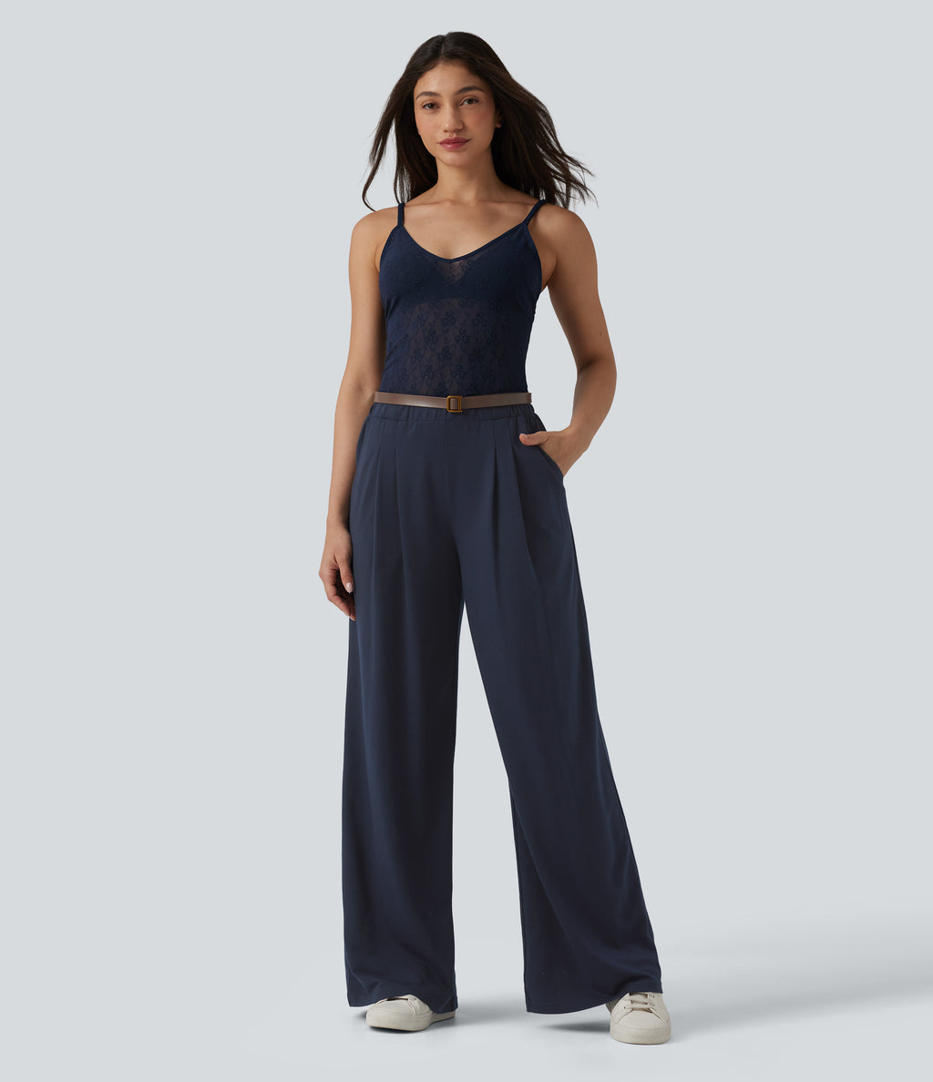 Mid Rise Wide Leg Casual Sweatpants with Pockets — Black Iris — view 5