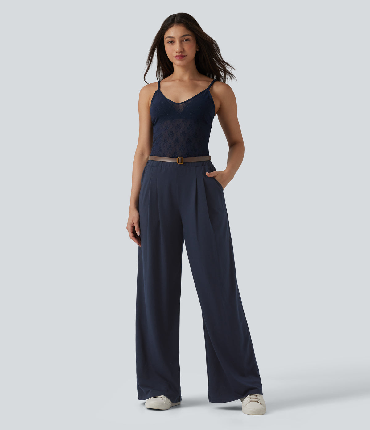 Mid Rise Wide Leg Casual Sweatpants with Pockets — Black Iris — view 5