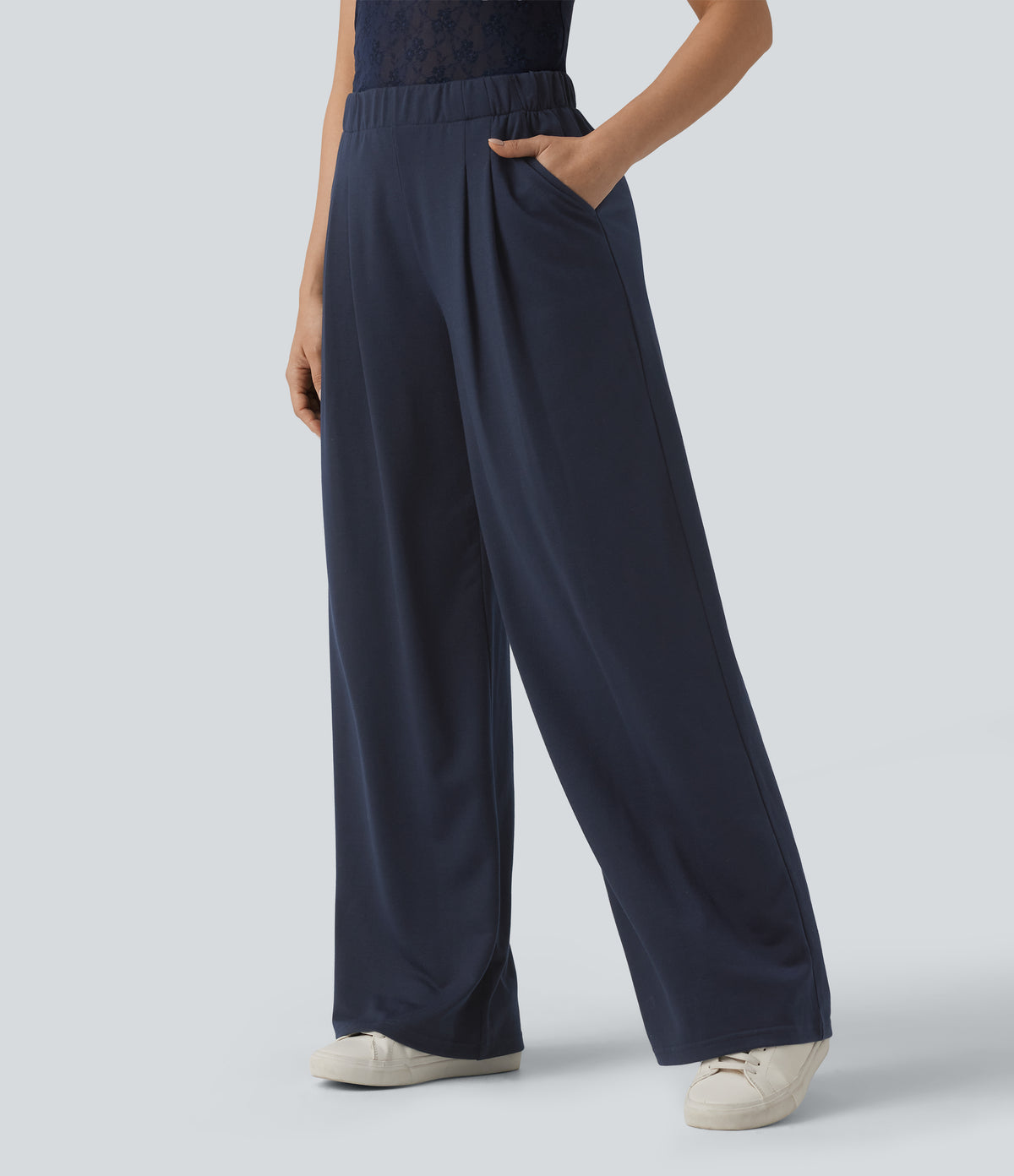 Mid Rise Wide Leg Casual Sweatpants with Pockets — Black Iris — view 3