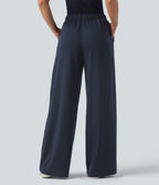Mid Rise Wide Leg Casual Sweatpants with Pockets — Black Iris — view 2