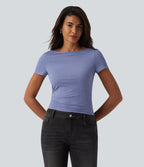 Boat Neck Short Sleeve Ruched Casual T-Shirt — Light Blue Floral Yarn — view 3