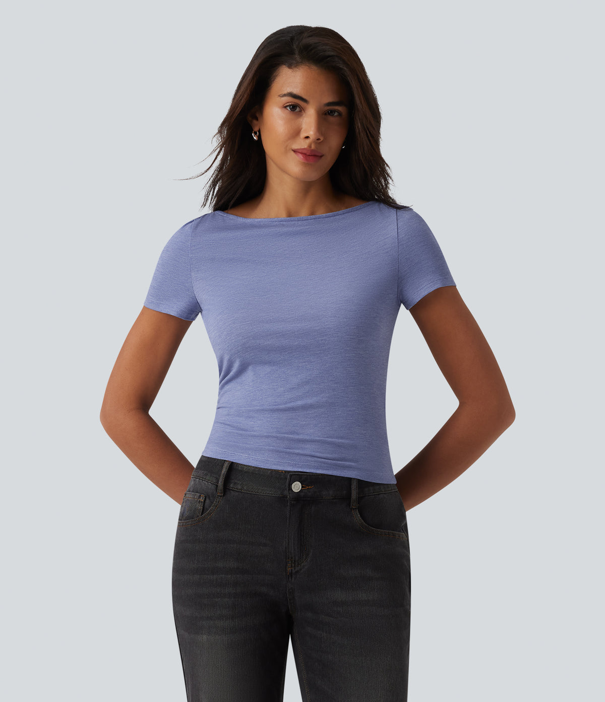 Boat Neck Short Sleeve Ruched Casual T-Shirt — Light Blue Floral Yarn — view 3