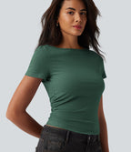 Boat Neck Short Sleeve Ruched Casual T-Shirt — Emerald Floral Yarn — view 6