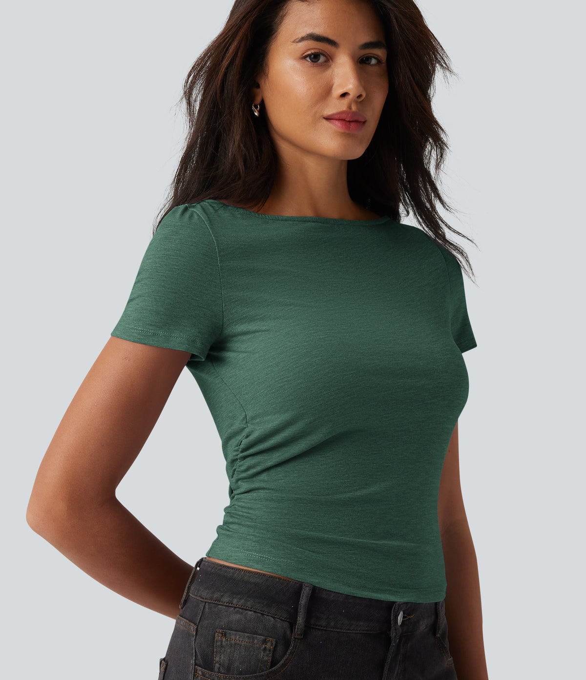 Boat Neck Short Sleeve Ruched Casual T-Shirt — Emerald Floral Yarn — view 6