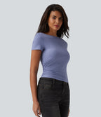 Boat Neck Short Sleeve Ruched Casual T-Shirt — Light Blue Floral Yarn — view 4