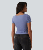 Boat Neck Short Sleeve Ruched Casual T-Shirt — Light Blue Floral Yarn — view 2