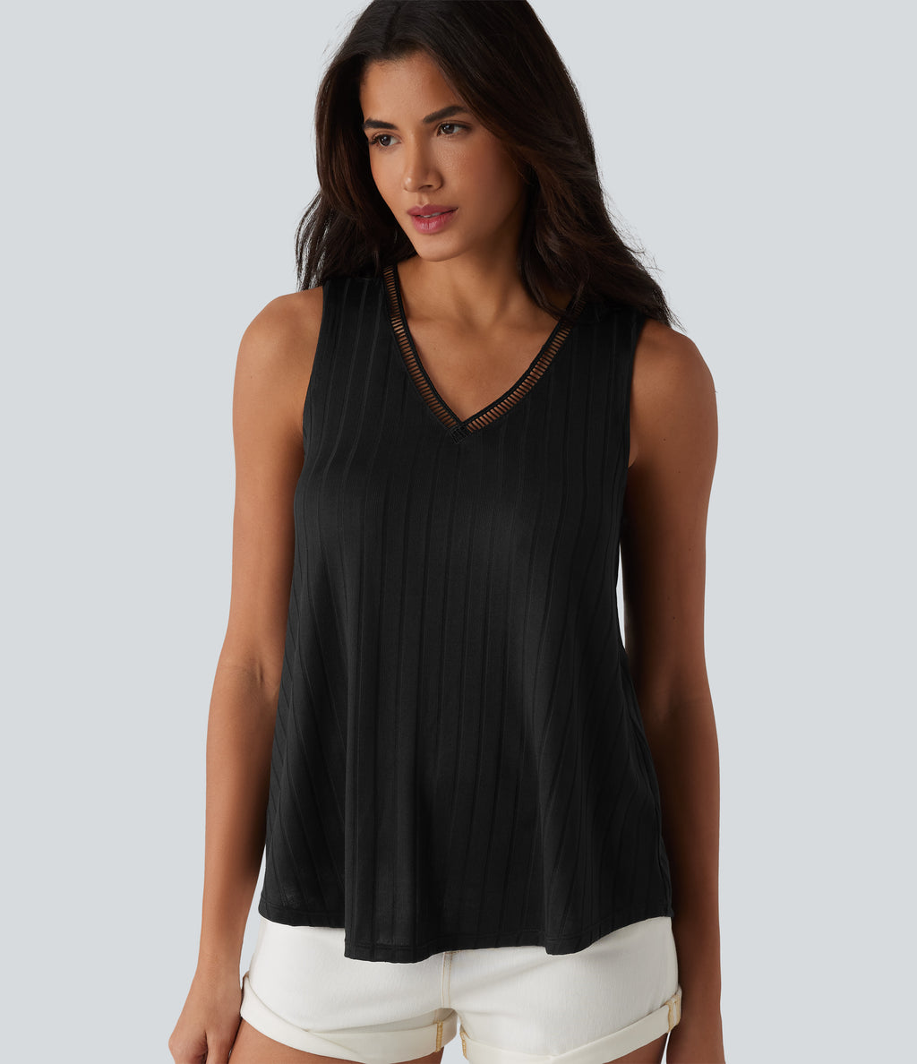 Ribbed Knit V Neck Casual Tank Top — Black — view 6