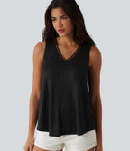Ribbed Knit V Neck Casual Tank Top — Black — view 6