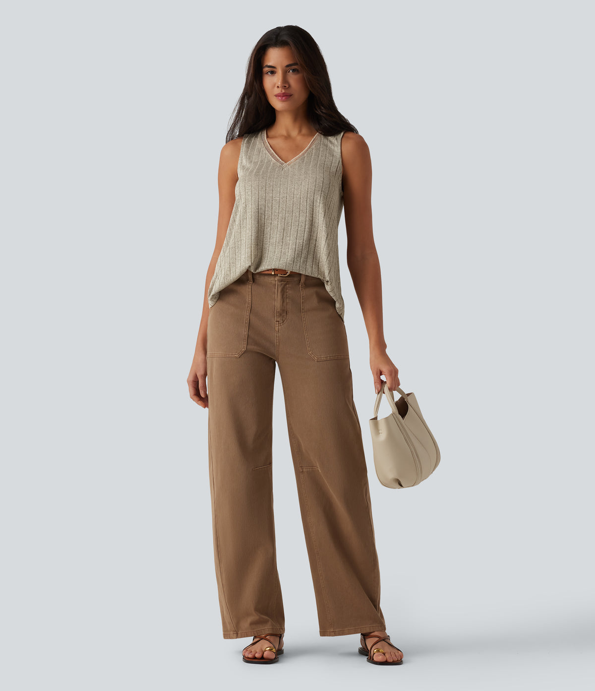 Ribbed Knit V Neck Casual Tank Top — White Pepper — view 5