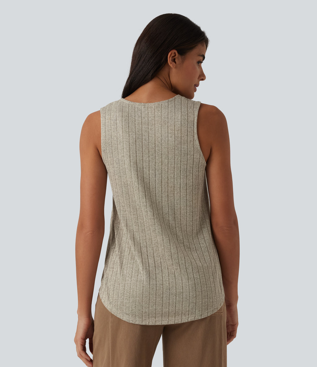 Ribbed Knit V Neck Casual Tank Top — White Pepper — view 2