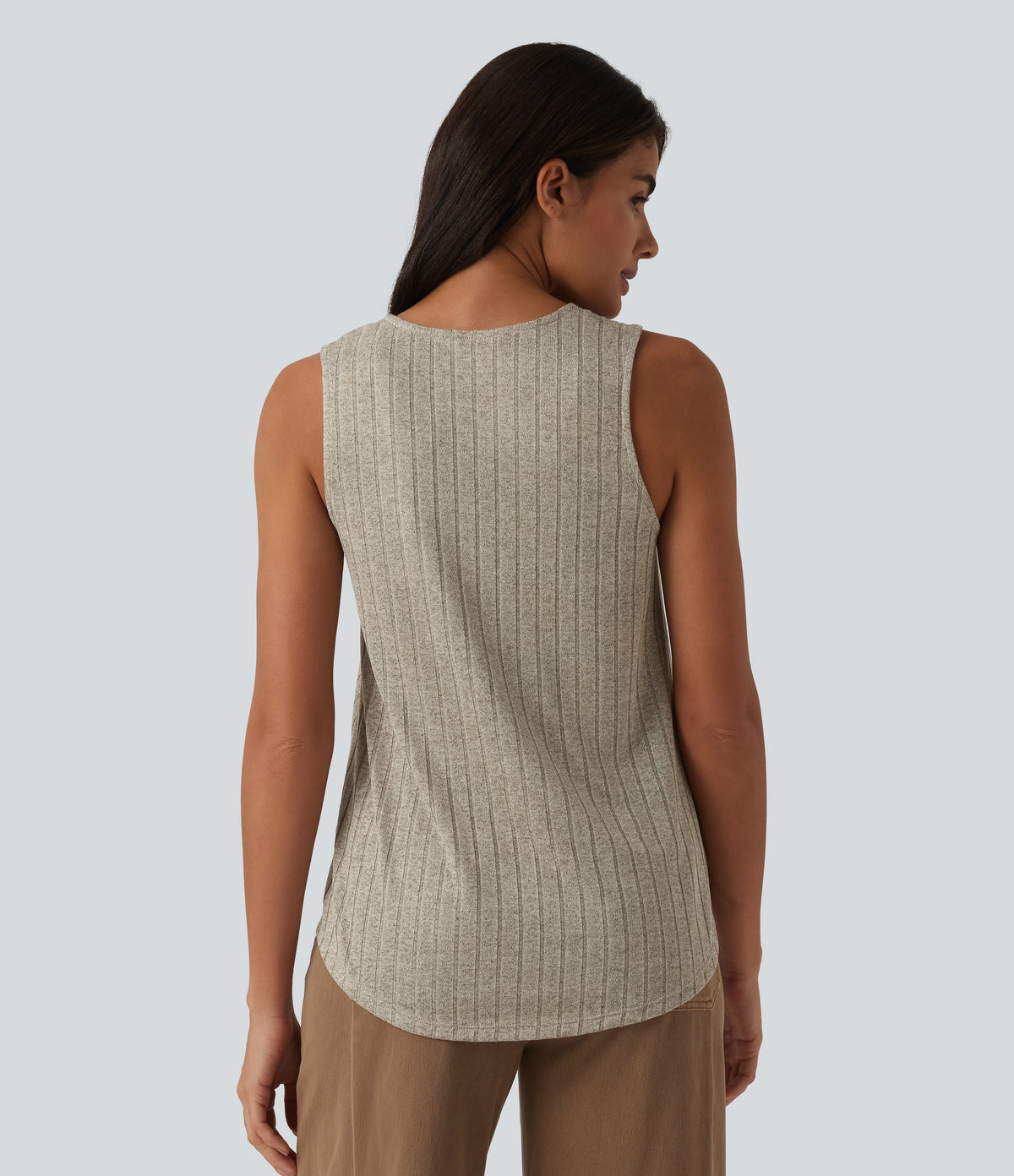 Ribbed Knit V Neck Casual Tank Top — White Pepper — view 2