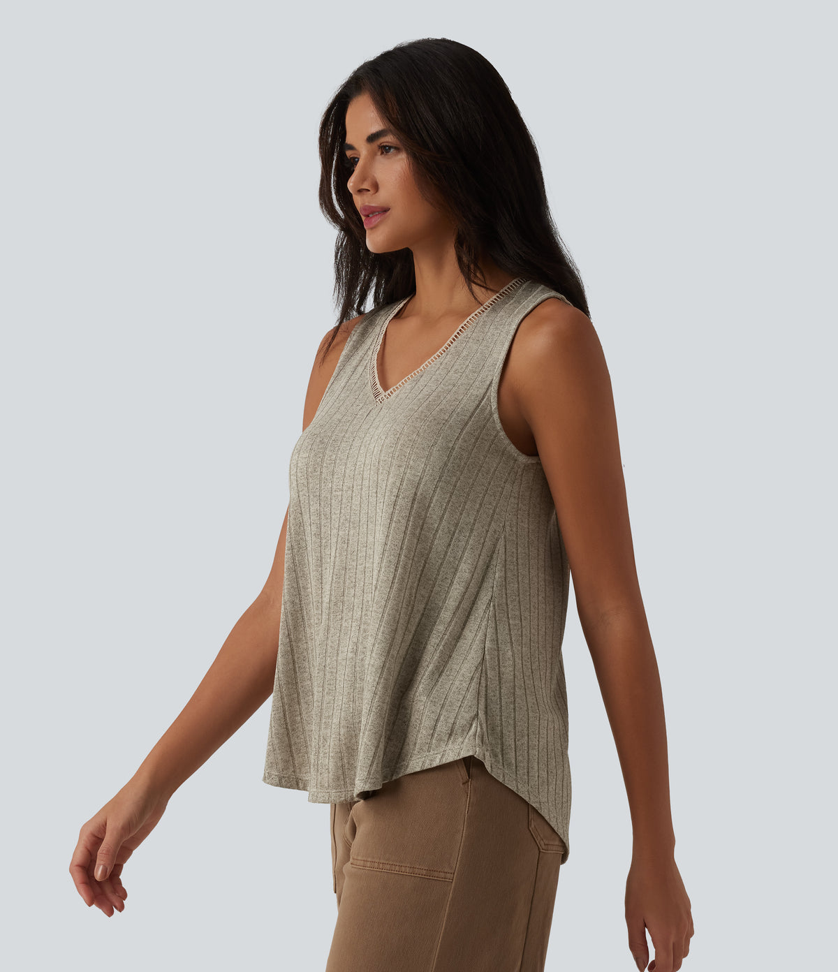 Ribbed Knit V Neck Casual Tank Top — White Pepper — view 4