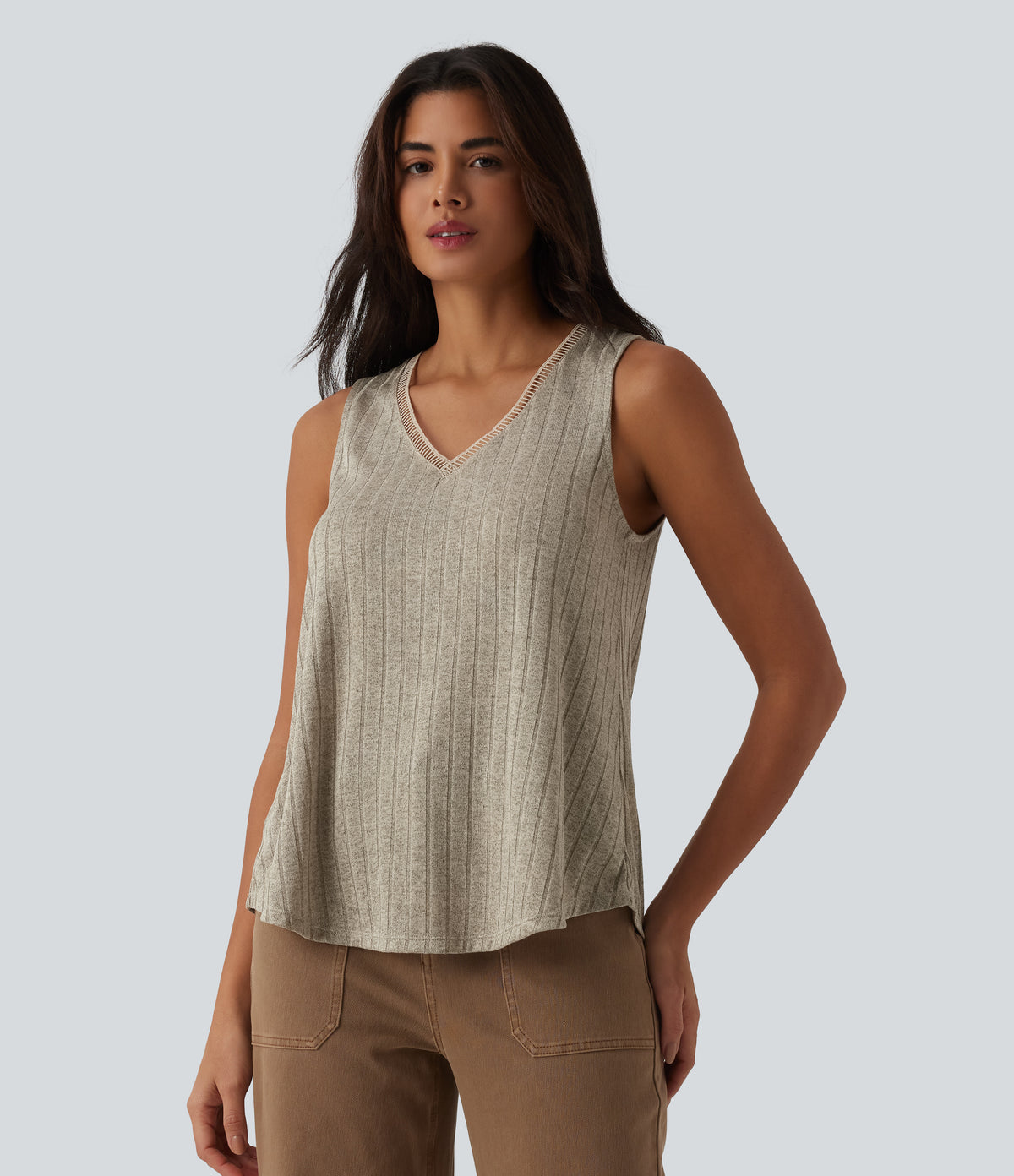 Ribbed Knit V Neck Casual Tank Top — White Pepper — view 3