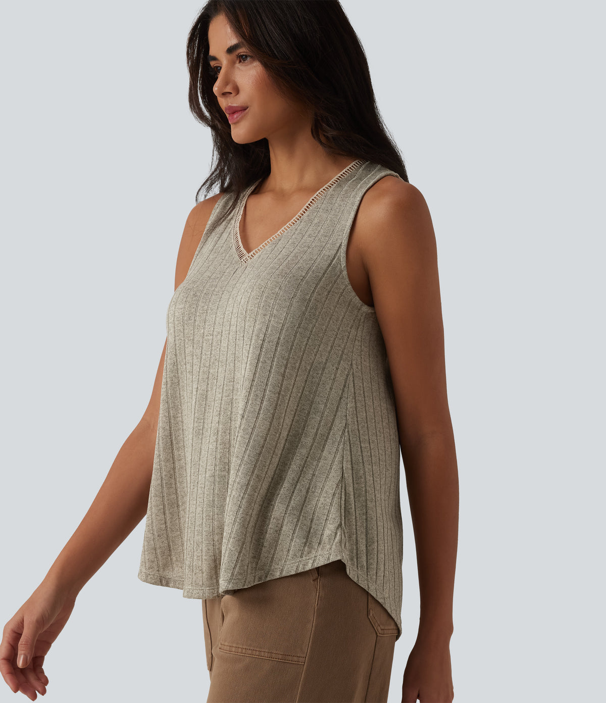 Ribbed Knit V Neck Casual Tank Top — White Pepper — view 1