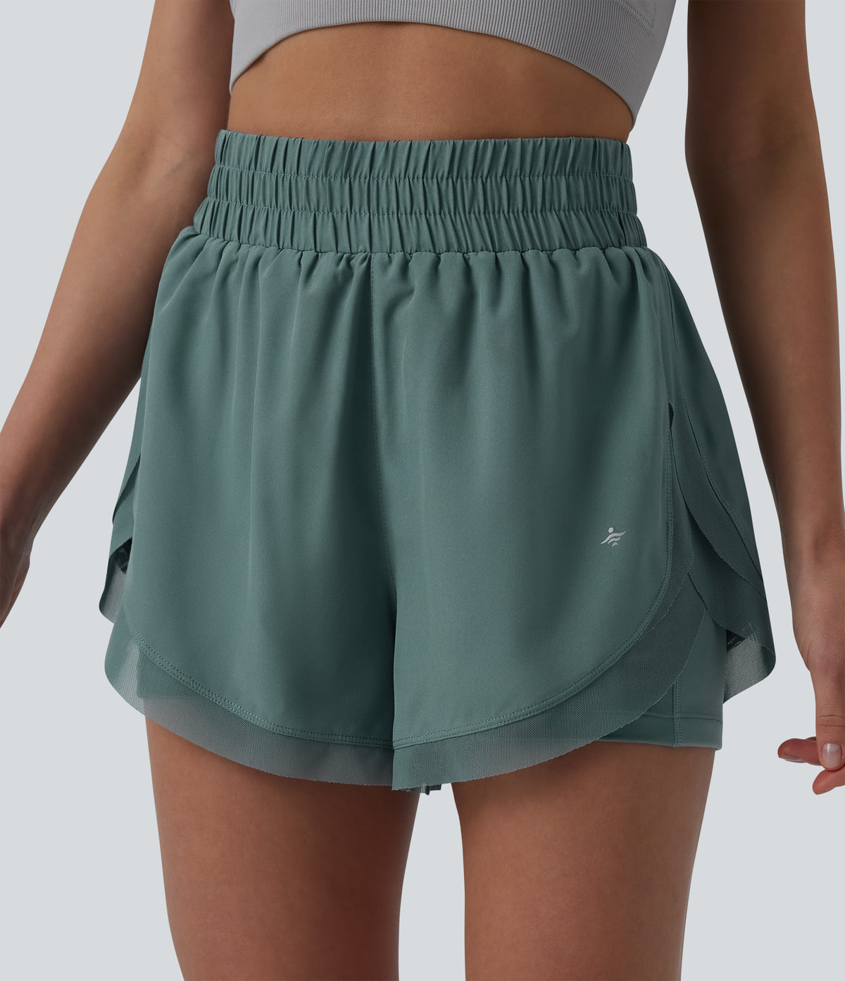 High Waisted Contrast Mesh 2-in-1 Running Shorts with Pockets — Sea Pine — view 5