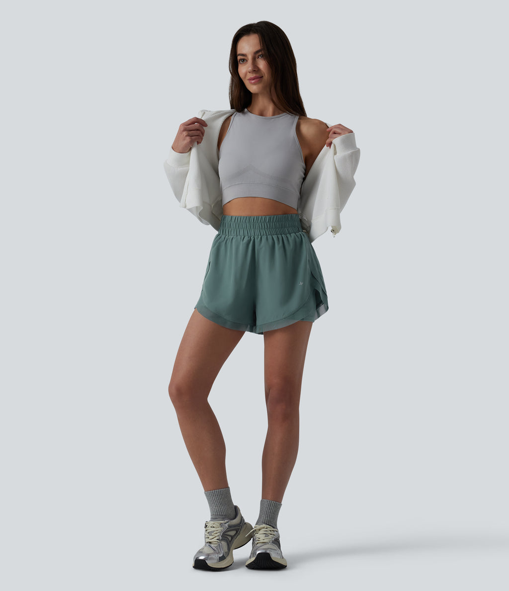 High Waisted Contrast Mesh 2-in-1 Running Shorts with Pockets — Sea Pine — view 6