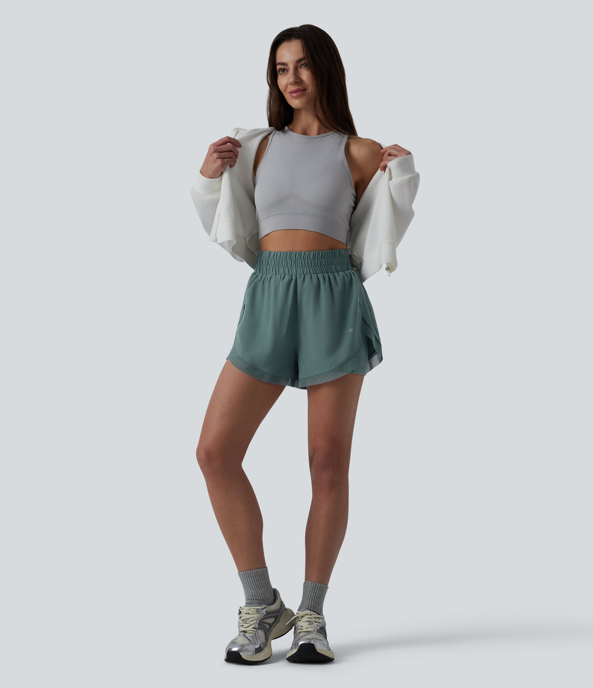 High Waisted Contrast Mesh 2-in-1 Running Shorts with Pockets — Sea Pine — view 6