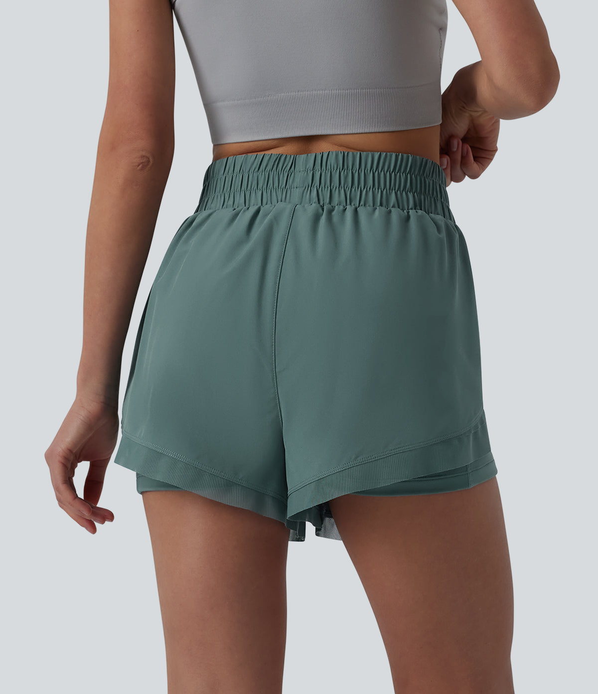 High Waisted Contrast Mesh 2-in-1 Running Shorts with Pockets — Sea Pine — view 2