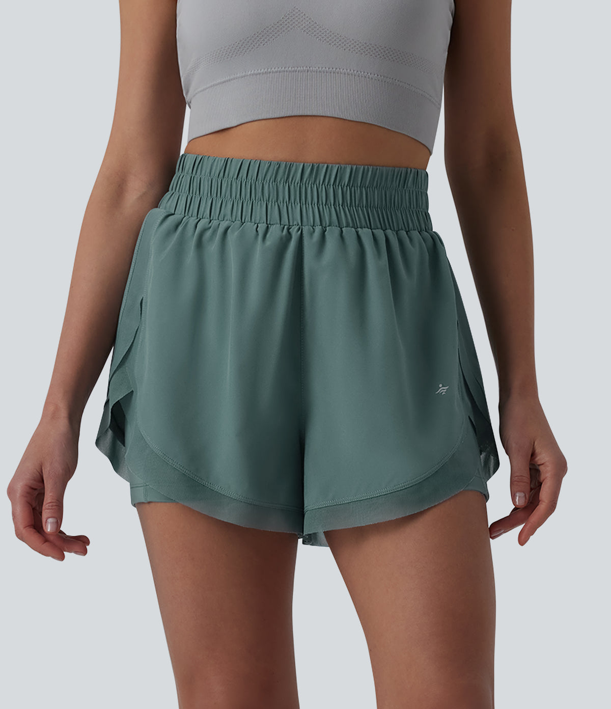 High Waisted Contrast Mesh 2-in-1 Running Shorts with Pockets — Sea Pine — view 3