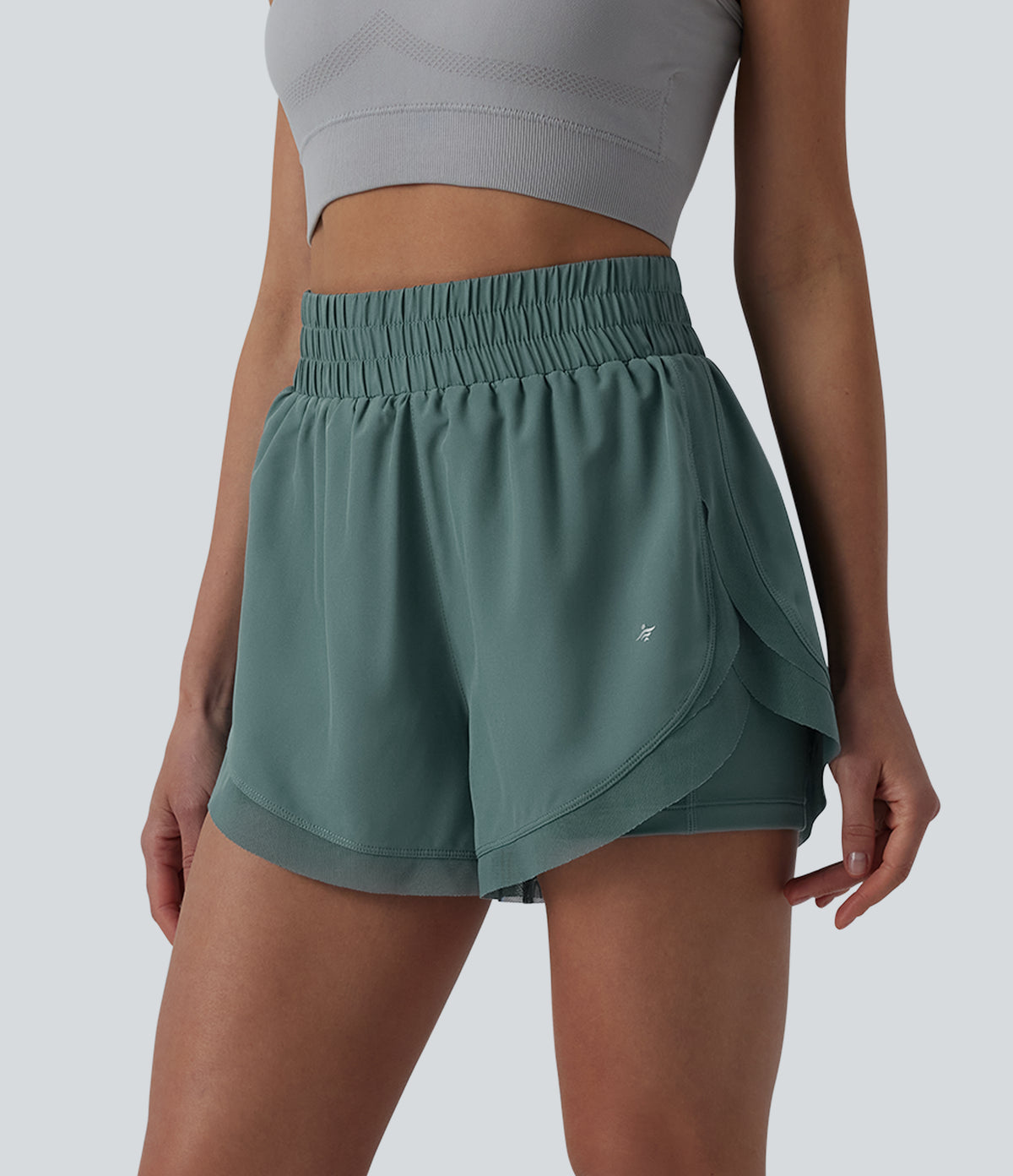 High Waisted Contrast Mesh 2-in-1 Running Shorts with Pockets — Sea Pine — view 1