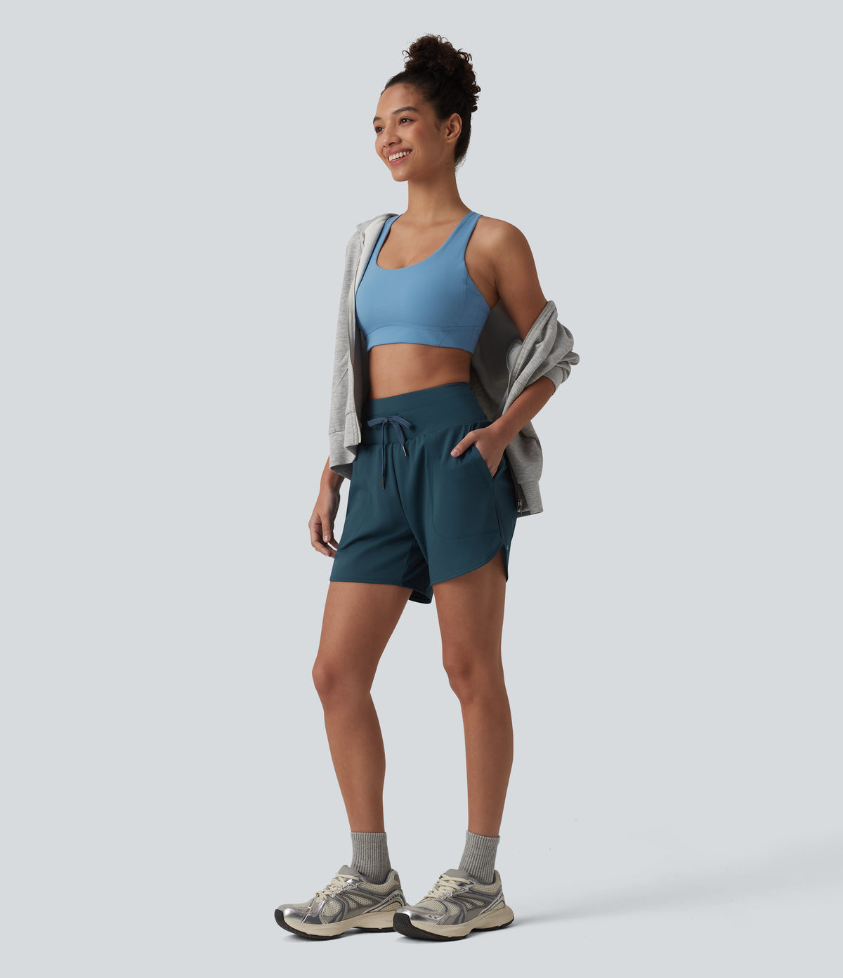 Airy High Waisted Drawstring 2-in-1 InstantCool Running Shorts with Pockets — Reflecting Pond — view 7