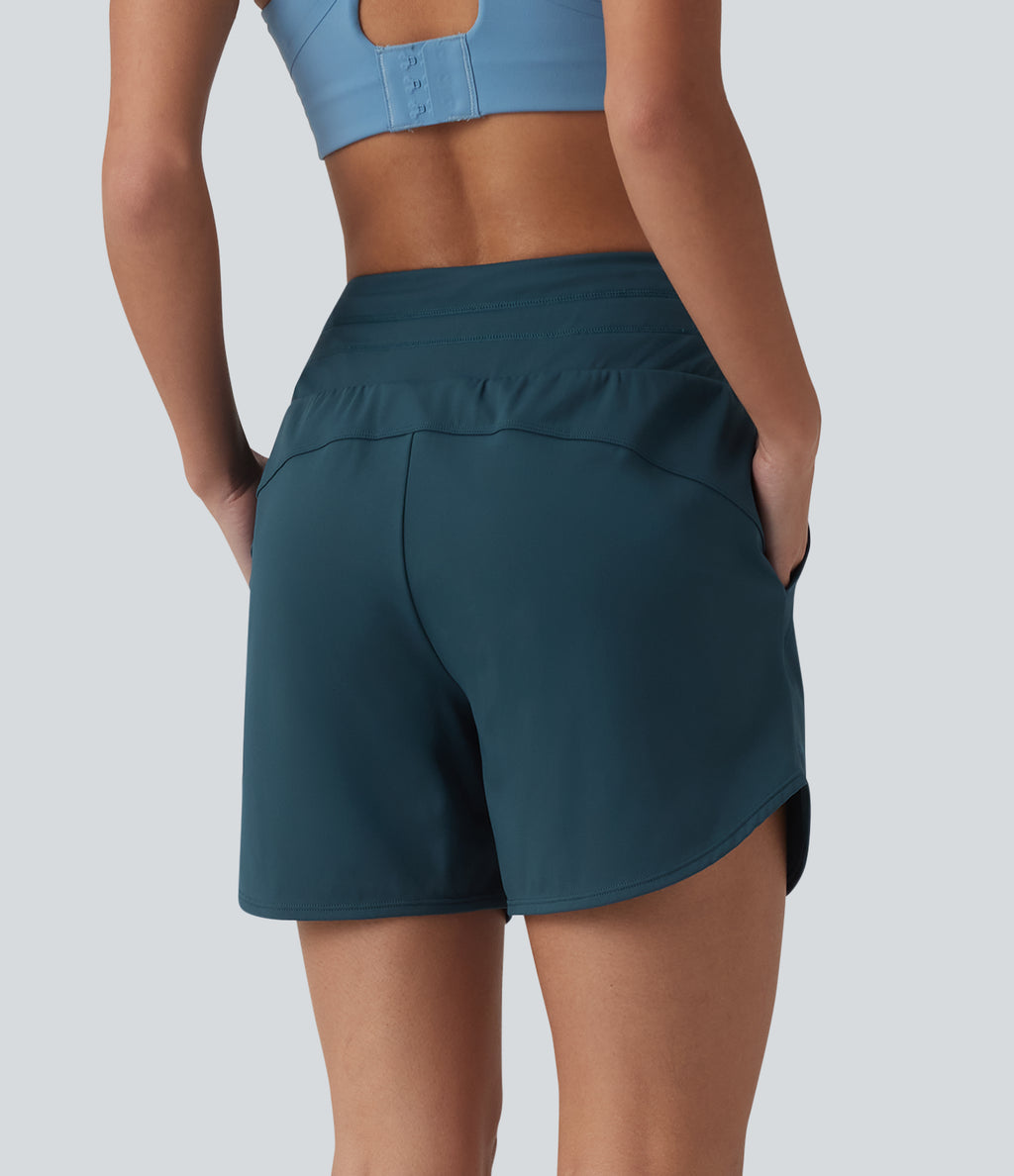 Airy High Waisted Drawstring 2-in-1 InstantCool Running Shorts with Pockets — Reflecting Pond — view 2