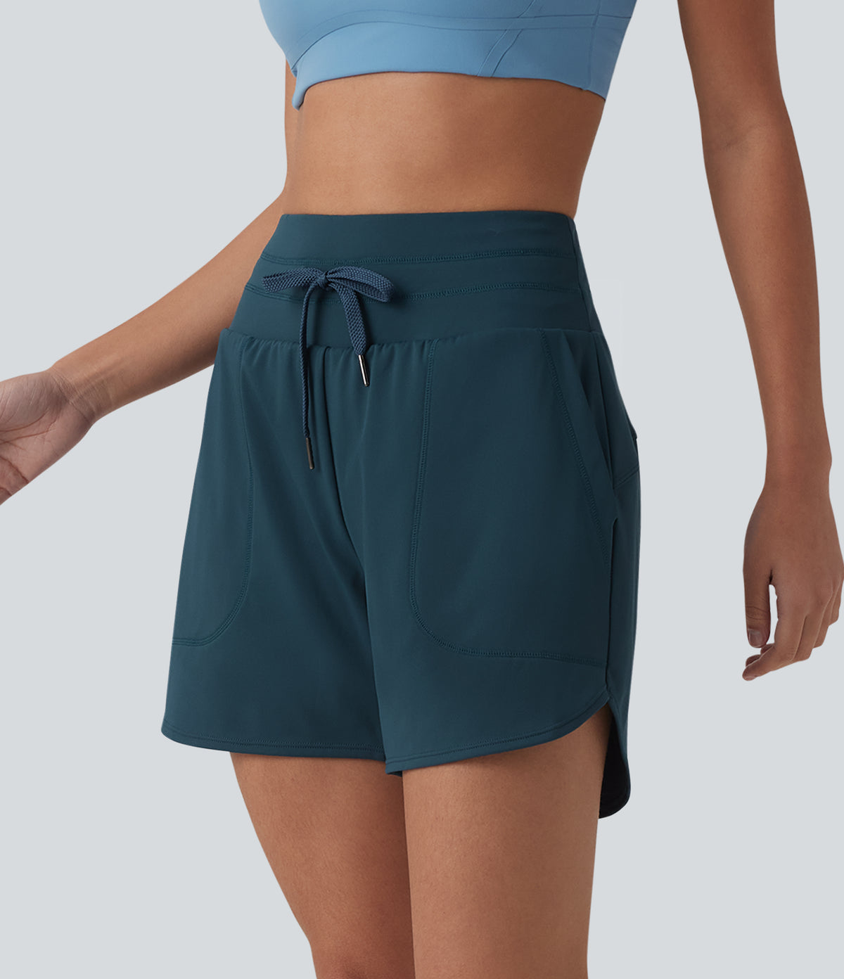 Airy High Waisted Drawstring 2-in-1 InstantCool Running Shorts with Pockets — Reflecting Pond — view 4