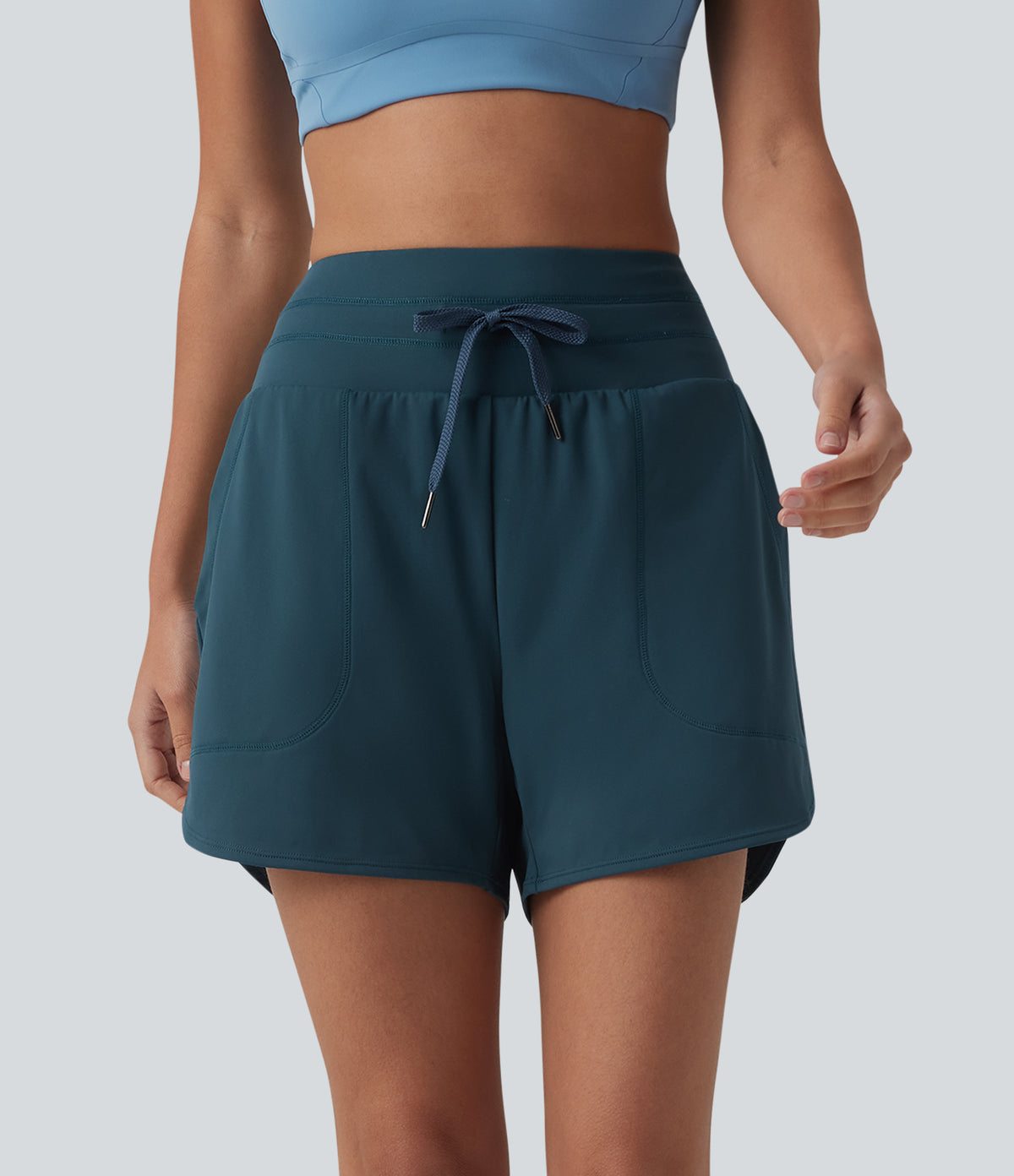 Airy High Waisted Drawstring 2-in-1 InstantCool Running Shorts with Pockets — Reflecting Pond — view 3
