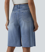 Asymmetric High Waisted Denim Casual Shorts with Pockets — Powder Blue Denim — view 4