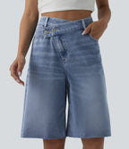 Asymmetric High Waisted Denim Casual Shorts with Pockets — Powder Blue Denim — view 1