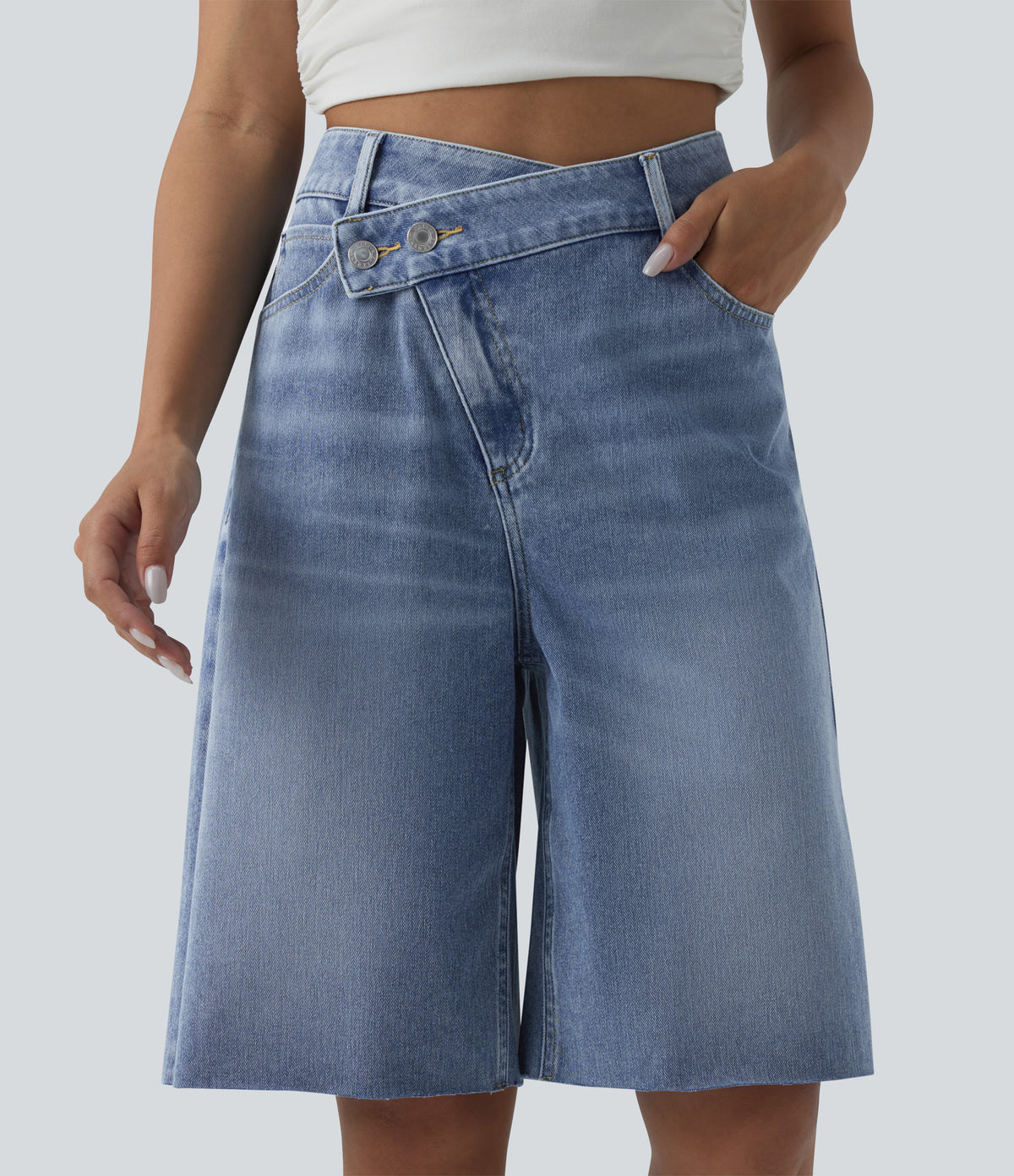 Asymmetric High Waisted Denim Casual Shorts with Pockets — Powder Blue Denim — view 1