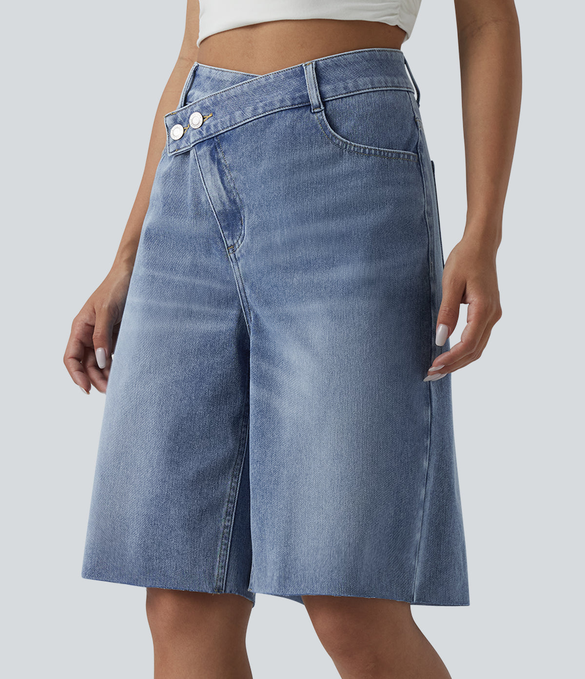 Asymmetric High Waisted Denim Casual Shorts with Pockets — Powder Blue Denim — view 5
