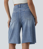 Asymmetric High Waisted Denim Casual Shorts with Pockets — Powder Blue Denim — view 2