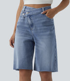 Asymmetric High Waisted Denim Casual Shorts with Pockets — Powder Blue Denim — view 3