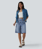 Asymmetric High Waisted Denim Casual Shorts with Pockets — Powder Blue Denim — view 6