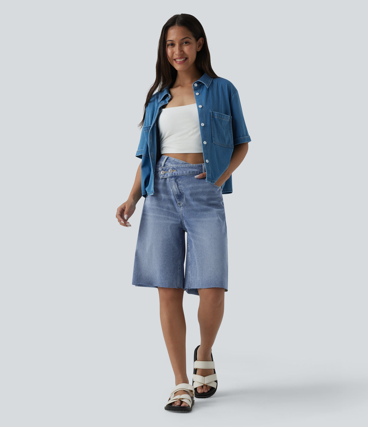 Asymmetric High Waisted Denim Casual Shorts with Pockets — Powder Blue Denim — view 6