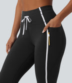 High Waisted Drawstring Tummy Control Color Block Stripe 7/8 Yoga Leggings with Pockets — Black — view 4