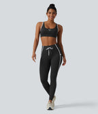 High Waisted Drawstring Tummy Control Color Block Stripe 7/8 Yoga Leggings with Pockets — Black — view 6