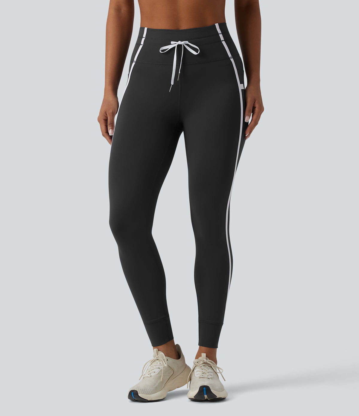 High Waisted Drawstring Tummy Control Color Block Stripe 7/8 Yoga Leggings with Pockets — Black — view 3