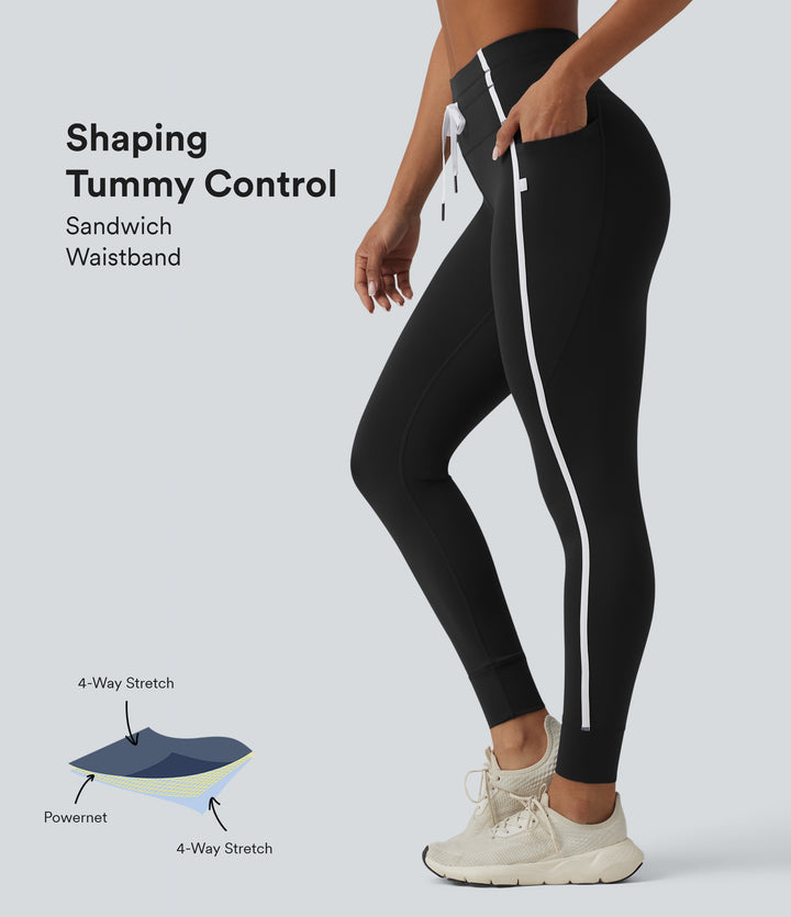 High Waisted Drawstring Tummy Control Color Block Stripe 7/8 Yoga Leggings with Pockets — Black — view 1